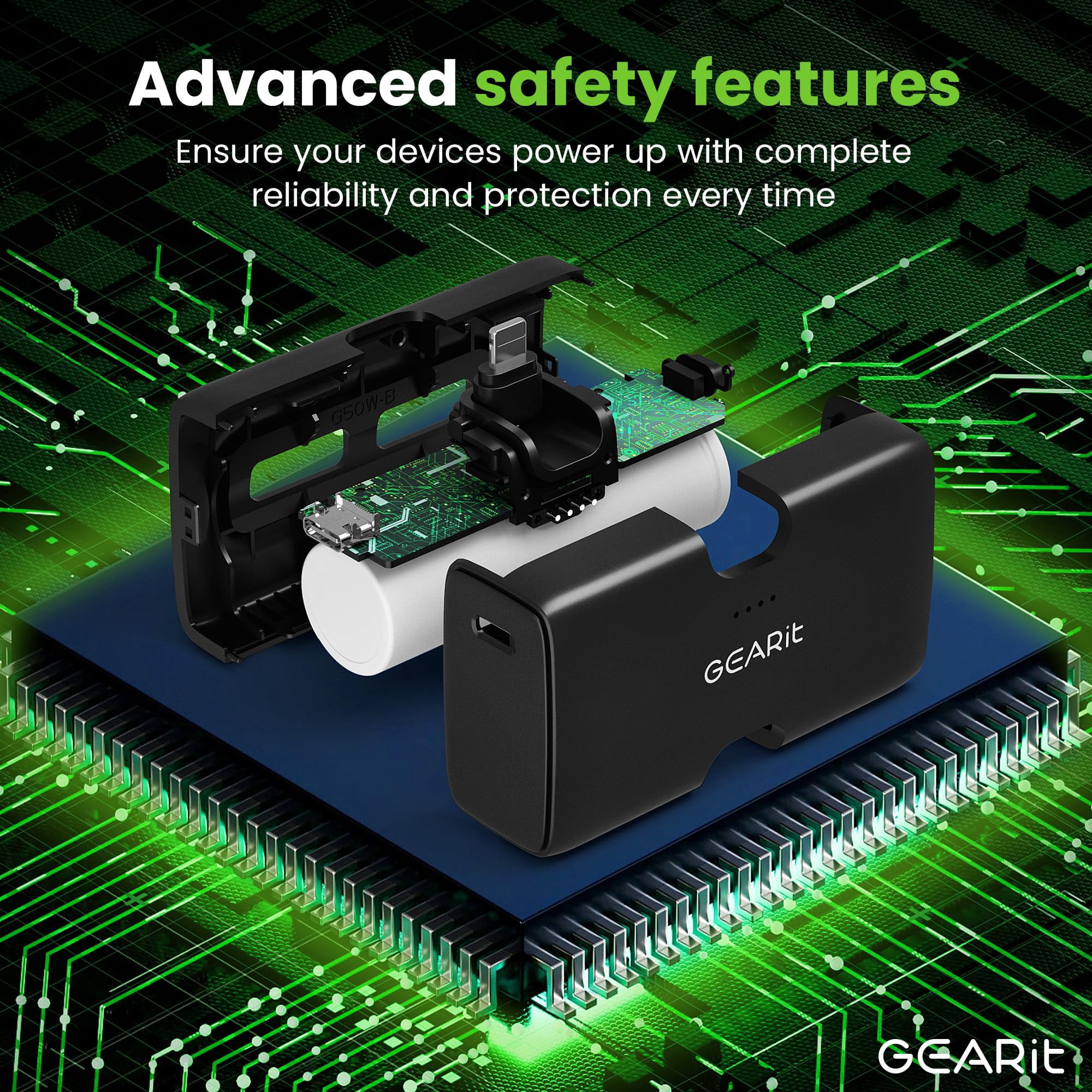 GEARit 5000mah Power Bank - Dual Output, Mini Battery Pack with Integrated USB-C and Lightning Connectors - Compact, Small Portable Charger Compatible - Black