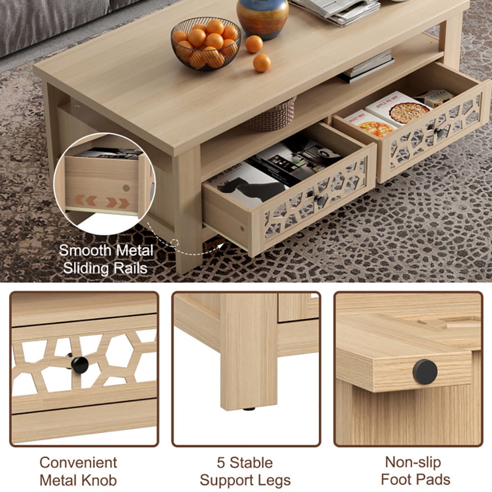 Finihen Coffee Table, Rectangular Coffee Table, 3-tier Coffee Table with 2 Drawers and 5 Support Legs, for Living Room, Reception Room, Office, Natural Finihen Coffee Table, Rectangular Coffee Table, 3-tier Coffee Table with 2 Drawers and 5 Support Legs, for Living Room, Reception Room, Office, Natural