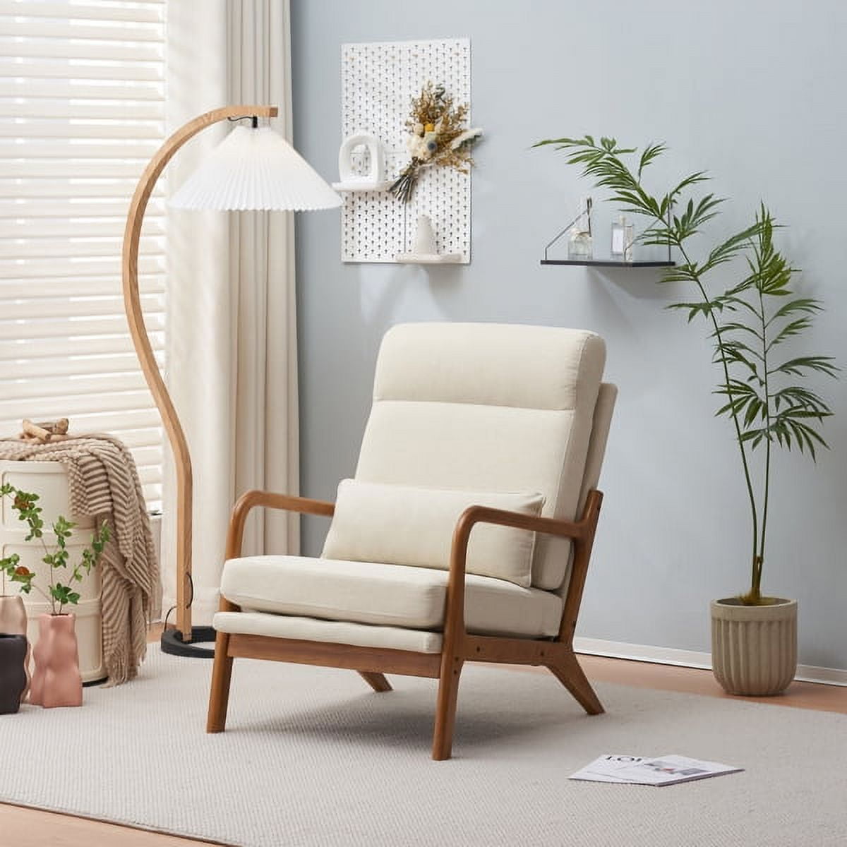 Accent Chair with Cushion Mid Century Modern Reading Armchair with Wood Armrest Upholstered Linen Lounge Chair Solid Wood Side Chair for Living Room