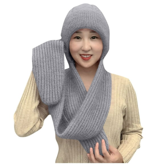 Xfvqtps Womens Cap Scarf Integrated Knit Solid Color Stretch Windproof Coldproof Warm Versatile Thickened Fall Winter Soft Beanie Gray