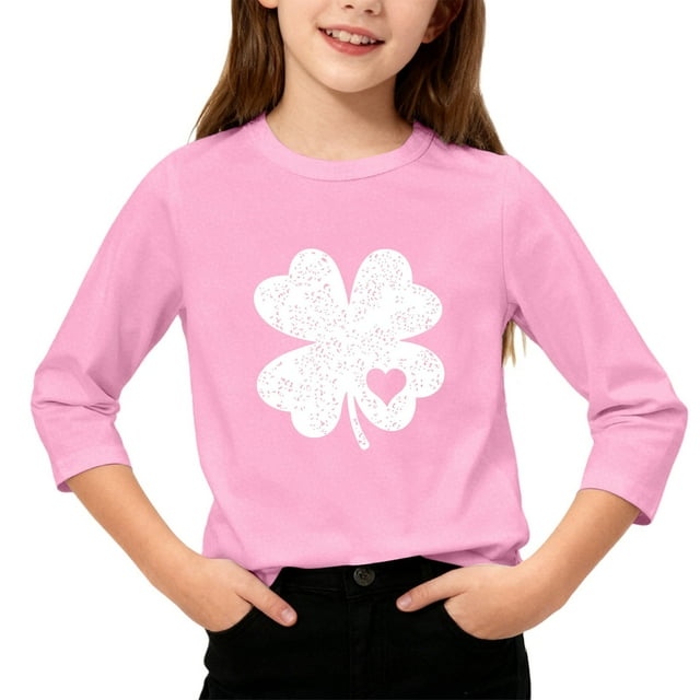 T-Shirt Fille Fête de la Saint-Patrick, Mignon T-Shirt Graphique à Manches 3/4 Col Rond avec Imprimé Irlandais, Hauts Décontractés Printemps Été pour Vacances, Fête d'Anniversaire et Usage Quotidien Rose 110