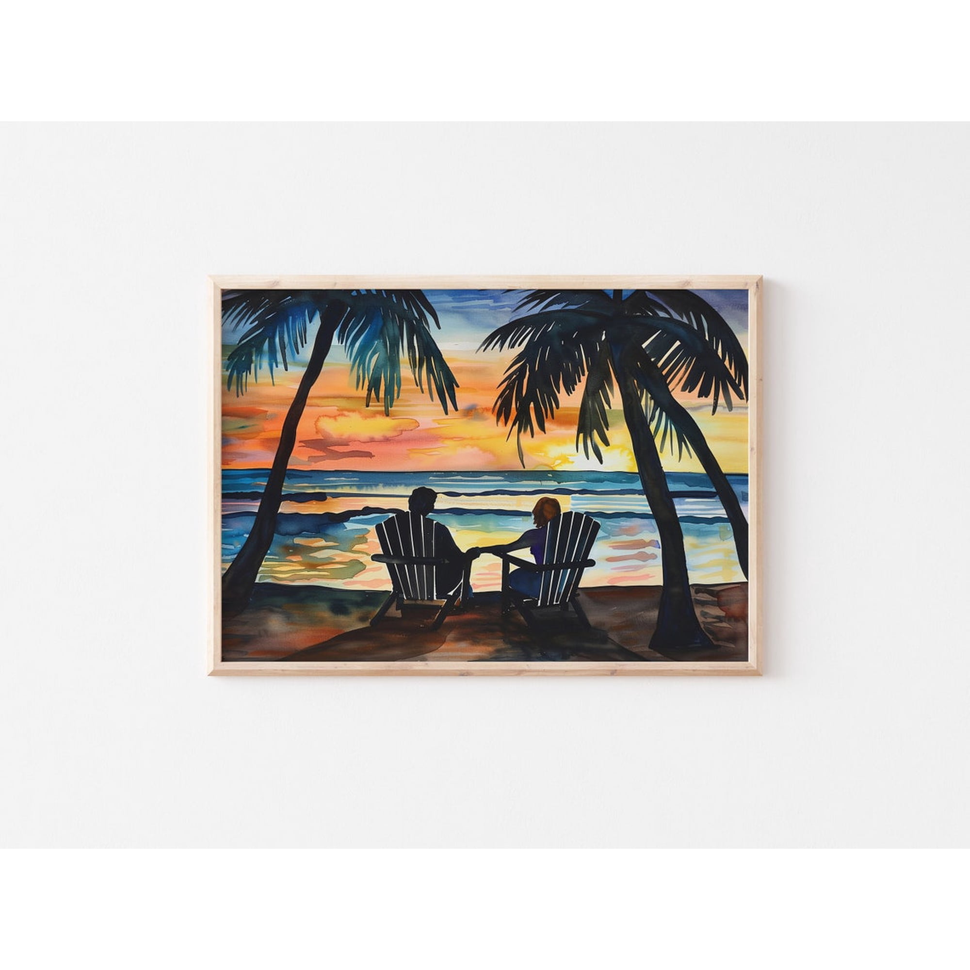 Vintage Couple Beach Sunset Romantic Tropical Landscape Palm Tree Valentines Day Wall Art Summer Seascape Decor
