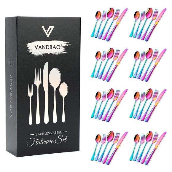 Ensemble de Couverts Rainbow - 40 Pcs Ustensiles Colorés en Acier Inoxydable, Service de Table pour 8, Inclut Couteau/fourchette/cuillère, Réutilisable, Poli Miroir, Lavable au Lave-Vaisselle