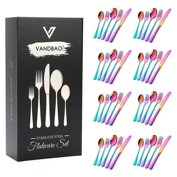 Ensemble de Couverts Rainbow - 40 Pcs Ustensiles Colorés en Acier Inoxydable, Service de Table pour 8, Inclut Couteau/fourchette/cuillère, Réutilisable, Poli Miroir, Lavable au Lave-Vaisselle