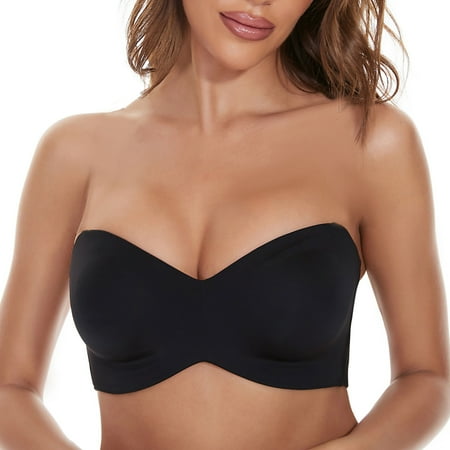 

SENDKEEL Full Support Non-Slip Convertible Bandeau Bra Push Up Bra Seamless Deep V Soft Padded Everydays Bra Wine Club Dresses Underwear