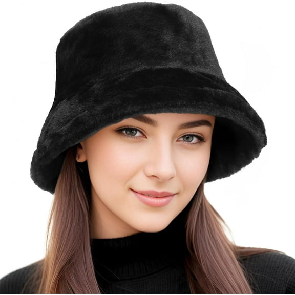 lvdiandian Faux Fur Winter Bucket Hat for Women Men Fuzzy Warm Hat Women's Furry Fisherman Cap for Casual, Trips, Sports, Skiing Black Medium-Large
