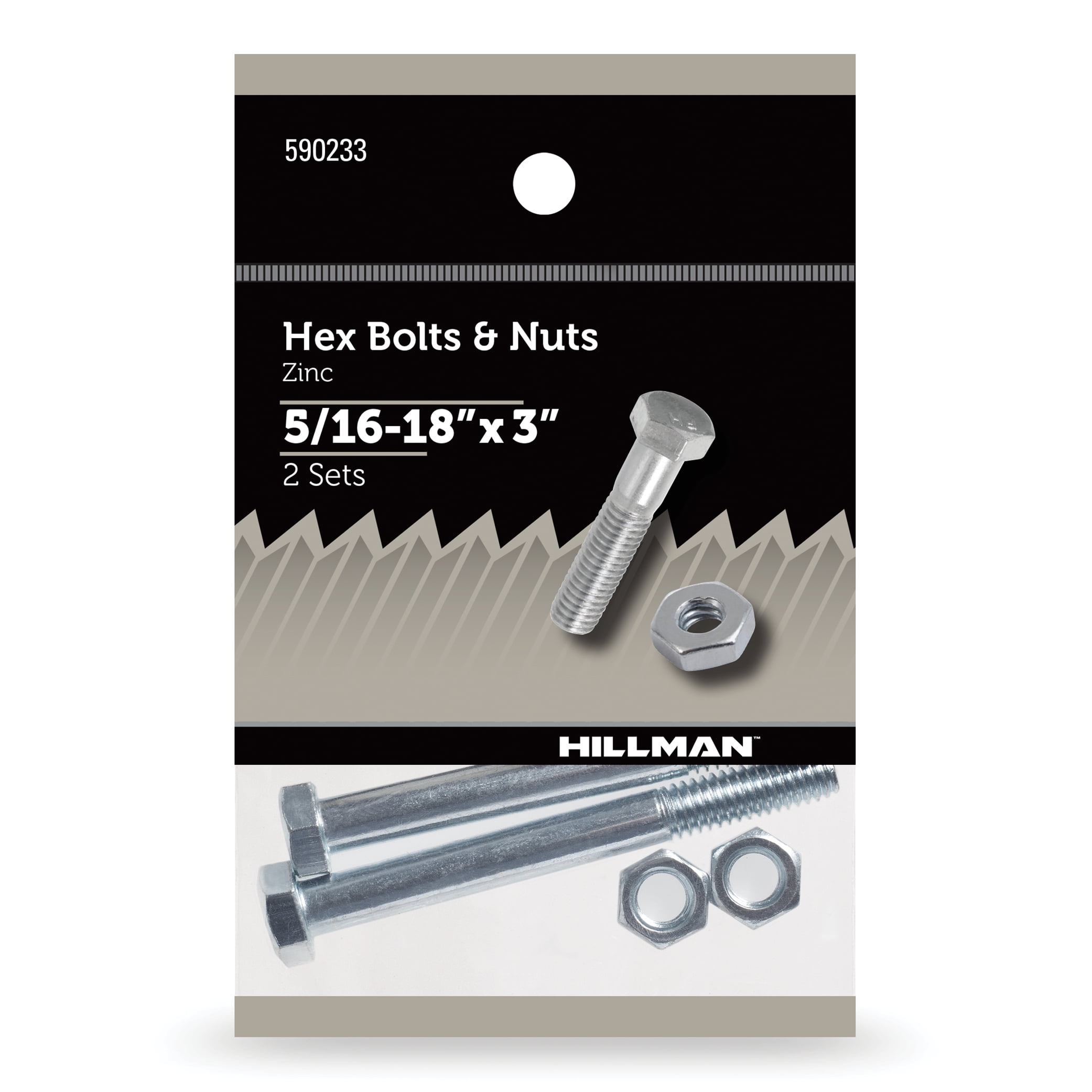 Hillman Hex Bolts and Nuts, Grade 2 Steel, Zinc, 5/16-18" x 3", 2 Sets