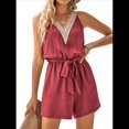 thumbnail image 2 of Mono Corto Sexy de Verano para Mujer con Cuello en V, Sin Mangas, Informal, con Lazo en la Cintura y Bolsillo, 2025 Rojo Ladrillo M, 2 of 7