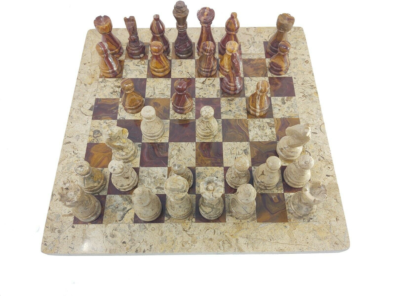 JT Handmade Fossil Coral and Dark Brown / Red Marble Chess Game Set – 12 inch