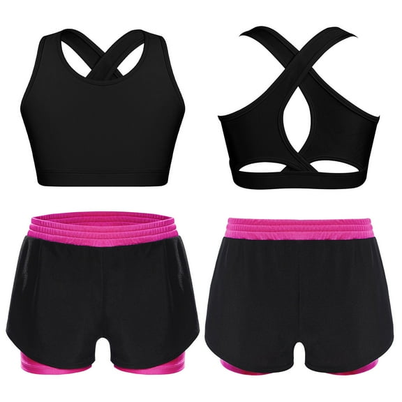 TiaoBug Kids Girls 2Pcs Workout Gym Set Sleeveless Sports Bra Crop Top with Double Layer Tennis Shorts Hot Pink 14
