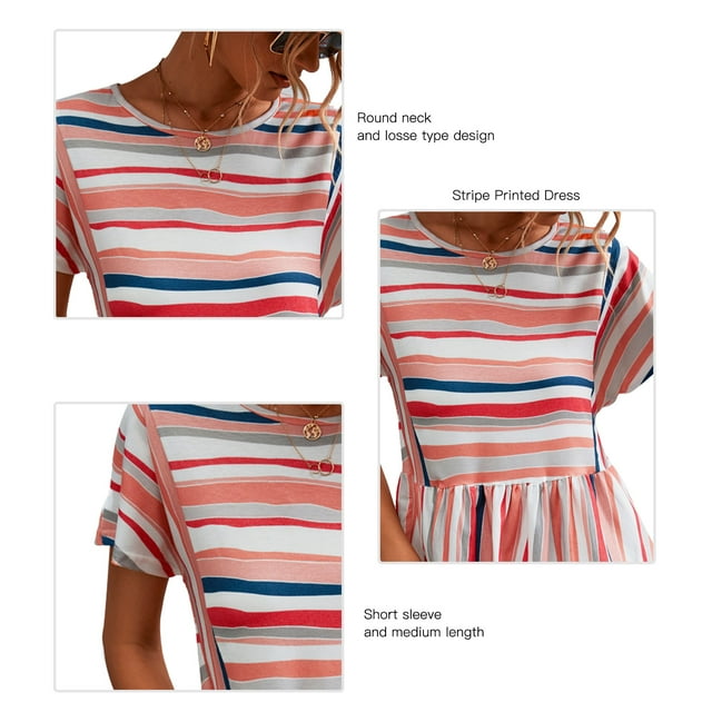 Vestido De Manga Corta Vestido Casual De Verano Vestido Casual Vestido De Verano Vestido De Manga Corta De Mujer Raya Impresa Cuello Redondo Estilo Casual Vestido Suelto Para ANGGREK Naranja Rosa S