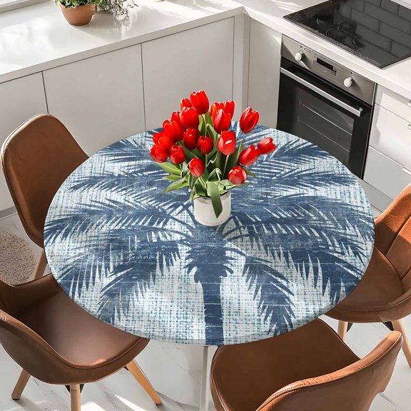 Rustic Tropical Leaves Elastic Fitted Round Tablecloth Coastal Palm Tree Denim White Blue Waterproof Outdoor Table Cover for Holiday Party, Picnic, Patio & Dining Fits Tables Up to 36"-44"
