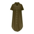 thumbnail image 3 of hotojiny Summer Dresses for Women Cotton Linen V Neck Button down Shirt Dress Breathable Rolled Short Sleeve Curved Hem Dresses, 3 of 5
