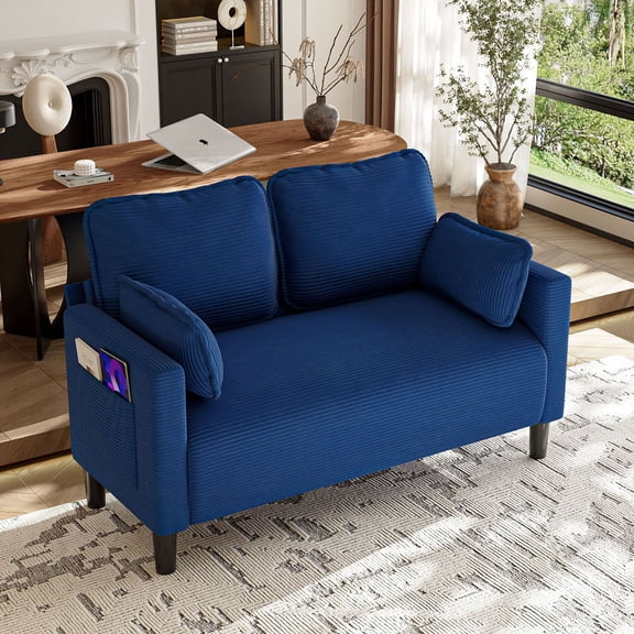 S-HOME 48 Inch Corduroy Loveseat Couch With Side Storage Pocket For Living Room Apartment Office Or Dorm , Blue