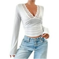 thumbnail image 1 of aidice Womens Tops Casual Deep V Neck Lace Long Sleeve Slim Fitting Comfy Blouses Solid Color Trendy Tops, 1 of 7