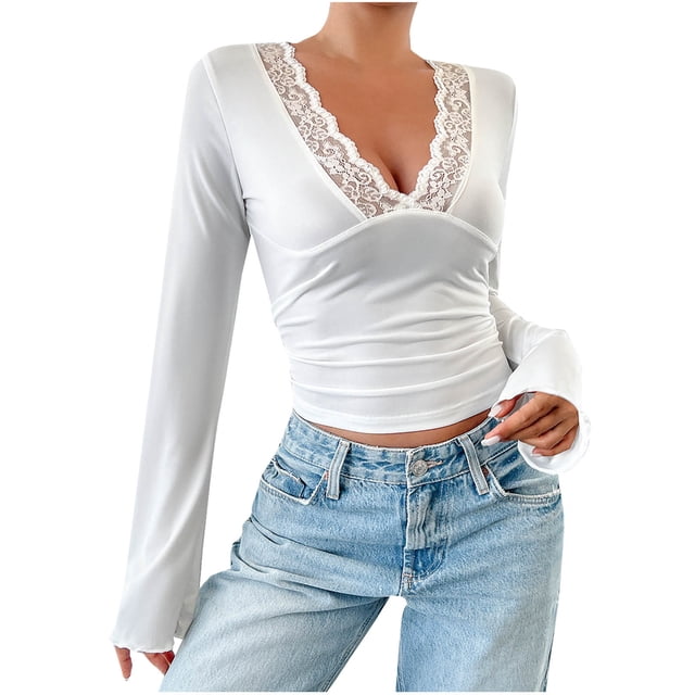 aidice Womens Tops Casual Deep V Neck Lace Long Sleeve Slim Fitting Comfy Blouses Solid Color Trendy Tops