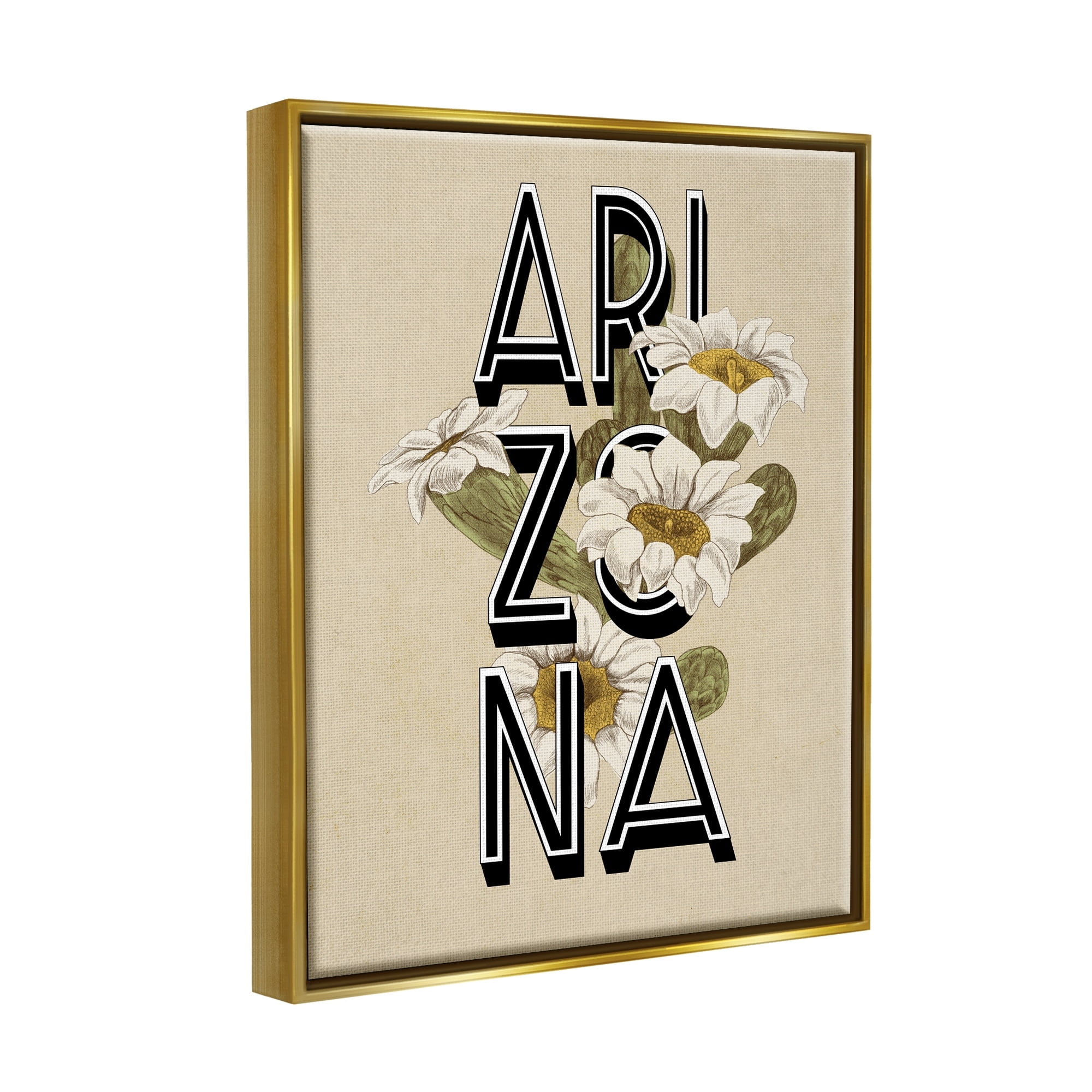 Stupell Industries Arizona State Flower Saguaro Blossom Typography Design Graphic Art Metallic Gold Floating Framed Canvas Print Wall Art, Design by Daphne Polselli