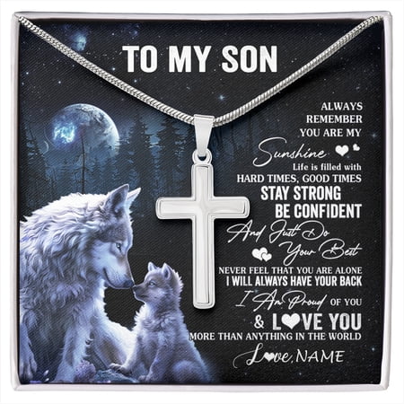 To My Son Wolf From Mom Dad Mother Father Always Remember Son Birthday Graduation Box Message Card, Multi Cross Necklace