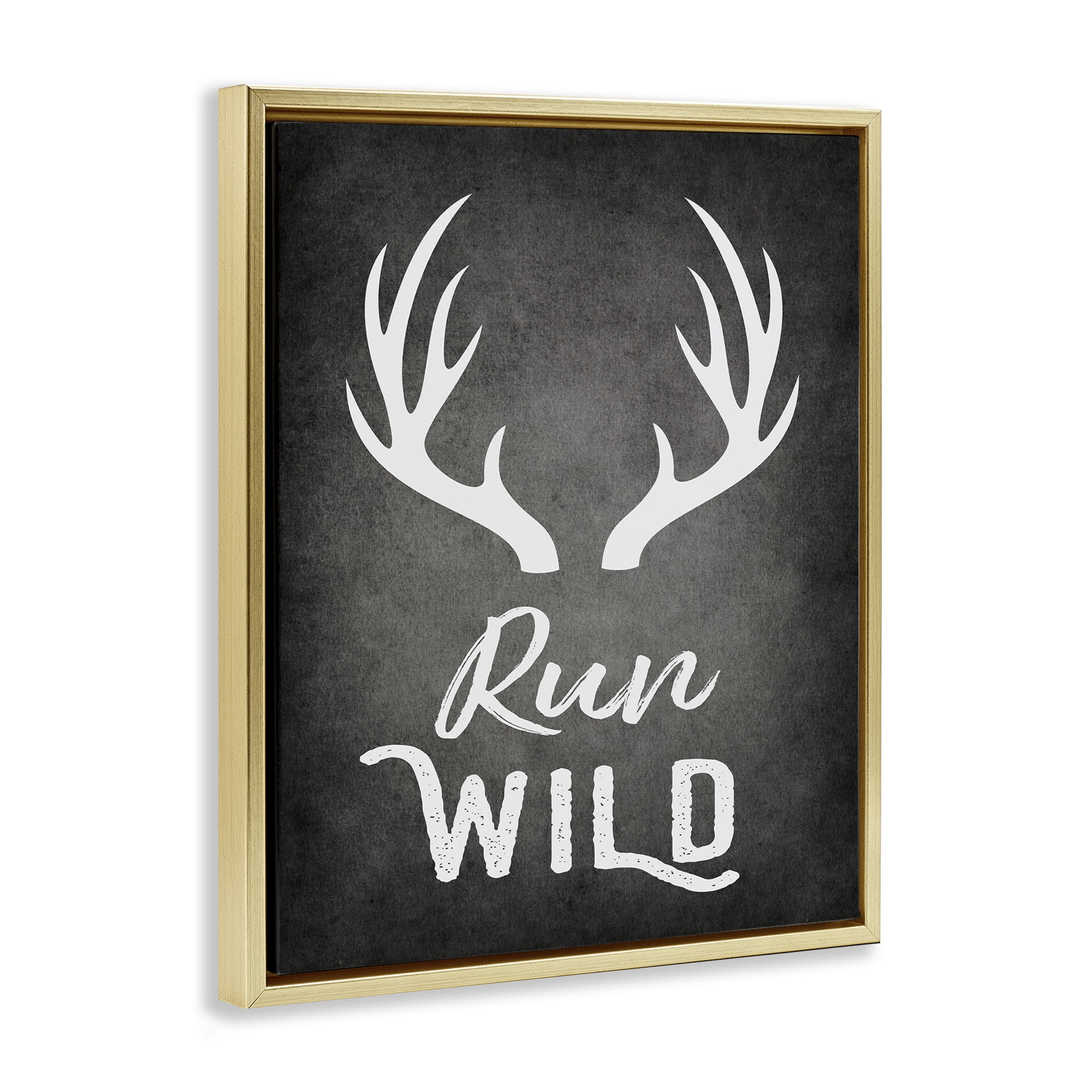 Stupell Industries Run Wild Antlers Typography Painting Gold Floater Framed Canvas Art Print Wall Art, 17 x 21