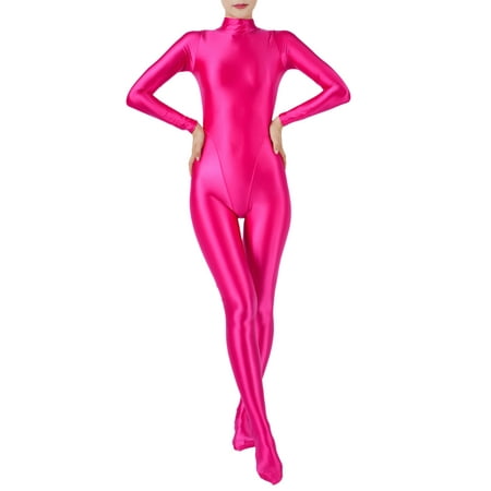 TiaoBug Women s Glossy Body Stocking Full Bodysuits Catsuits Yoga Mock Neck Zipper Jumpsuits Rose M