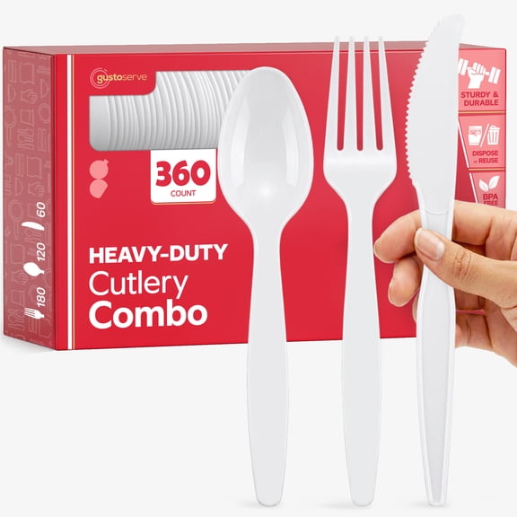 GUSTO Plastic Silverware Disposable Heavy-Duty Cutlery Set with Forks, Spoons & Knives, White, 360 Count