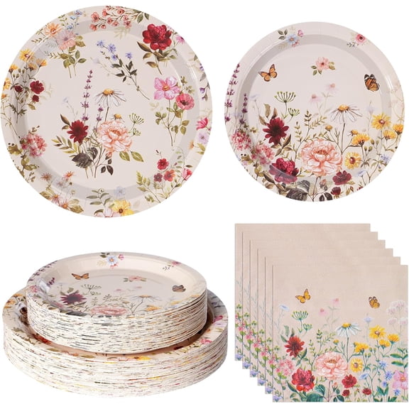 Floral Paper Plates Napkins Set, Disposable Wildflower Plate and Napkin for Party, Bridal Shower, Wedding, Birthday, Easter and Mothers Day Decorations