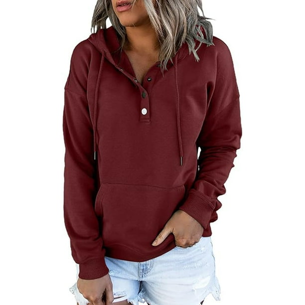 Sudadera con capucha y manga larga con botones en la parte delantera para mujer para otoño e invierno (XL)
