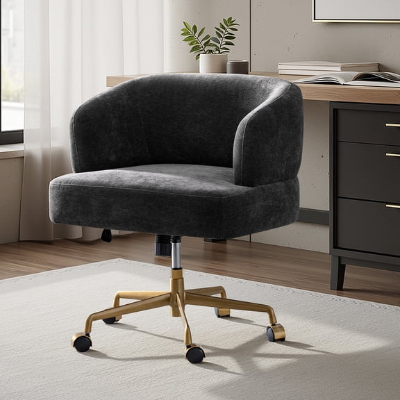 Modern Chenille Office Chair with 360 Swivel & Height Adjust, Ergonomic Rounded Desk Chair Black