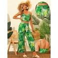 thumbnail image 2 of Conjunto de dos piezas para mujer con estampado tropical Cami Crop Top Cintura elástica Pantalones de pierna ancha Conjuntos Verde XS, 2 of 6