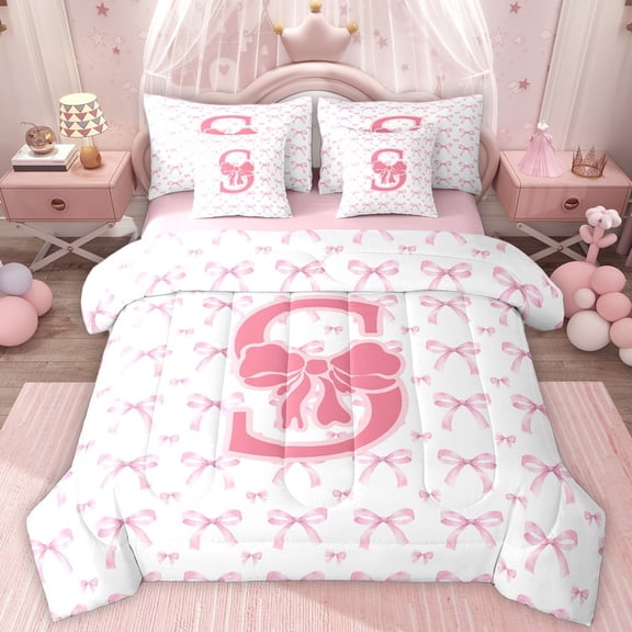 Homewish Letter Monogrammed S Twin Bedding Sets 7-Piece for Teens Boys Girls,Kawaii Pink Bow Bedding Comforter Set Microfiber,Dreamy Princess Breathable Sheet Sets,Lightweight Room Decor,Reversible