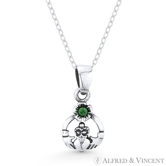Irish Claddagh, Heart, & Flower w/ CZ Crystal Irish Pendant & Necklace in Oxidized .925 Sterling Silver