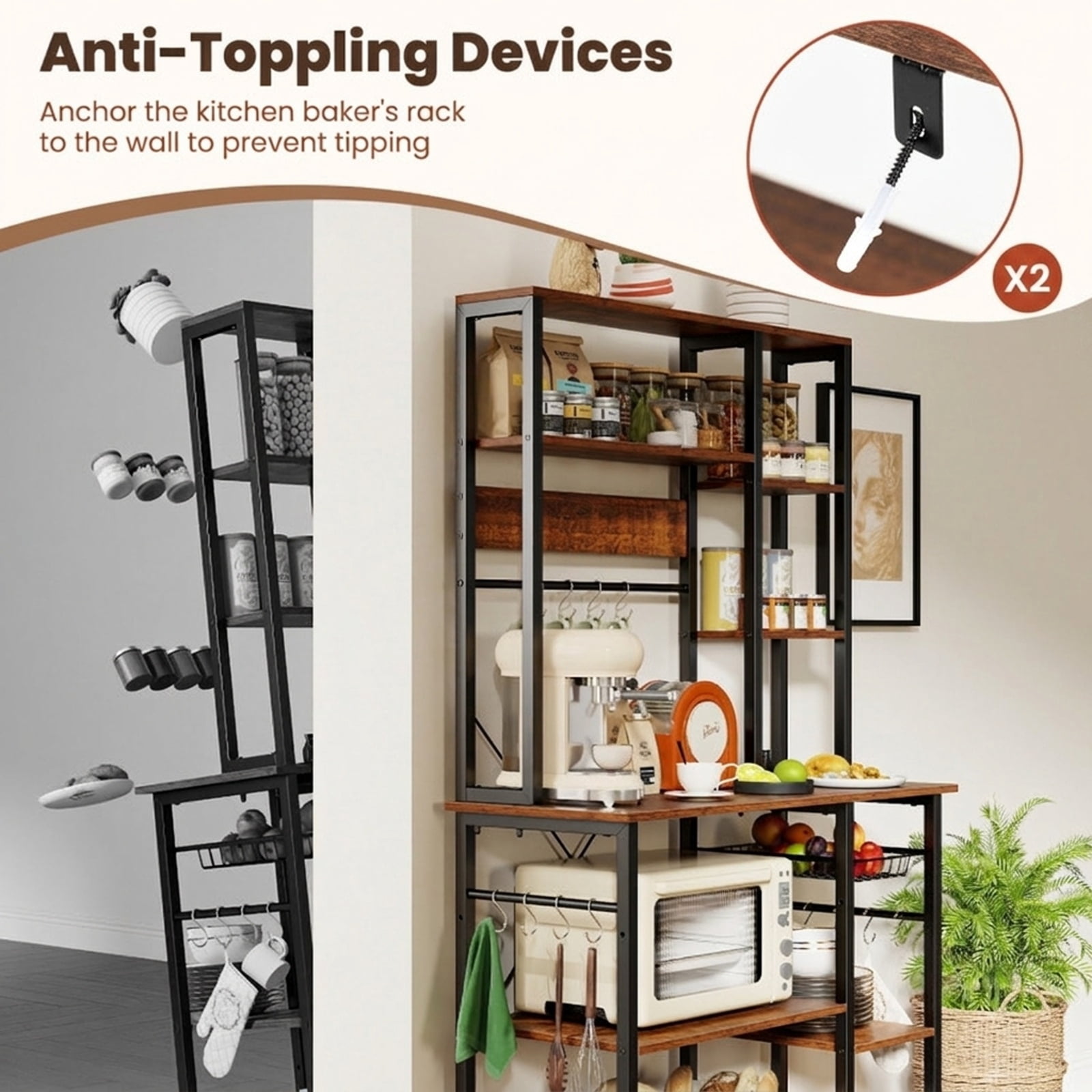 RUIE 6-Tier Baker's Rack with Power Outlet, Kitchen Coffee Bar Storage Stand with Wooden Open Shelves, 12 S-Hooks and Basket, Rustic Brown & Black