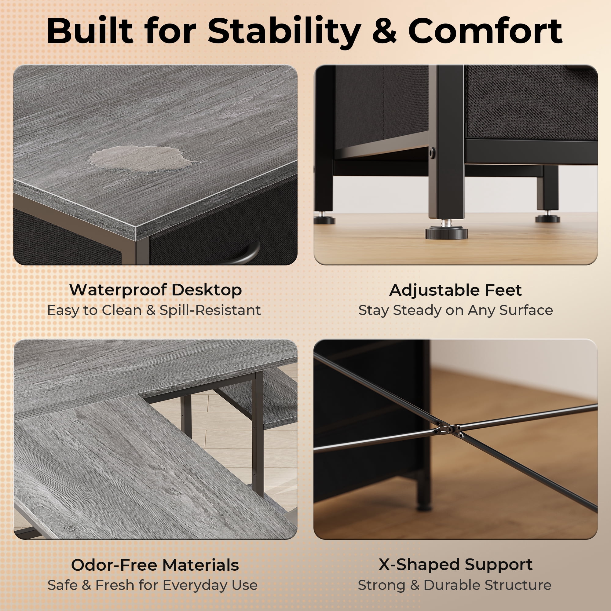 63 Inch L-Shaped Desk with Fabric Drawers, Reversible Home Office & Gaming Desk with Power Outlets, USB-C, and Adjustable Storage Shelves