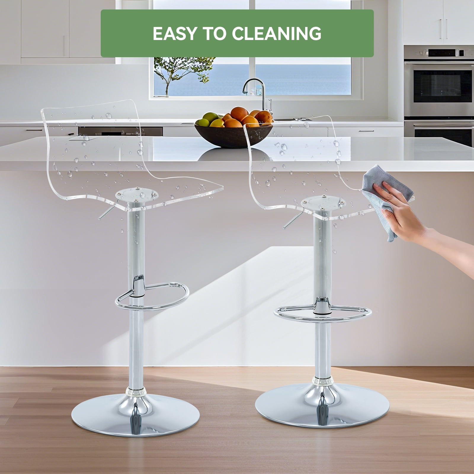 Acrylic Bar Stools Set of 2, Clear Adjustable Height Silver Base Barstools with Back, 360° Swivel Transparent Modern Bar Stool for Kitchen Island, Dining, Bar, Pub