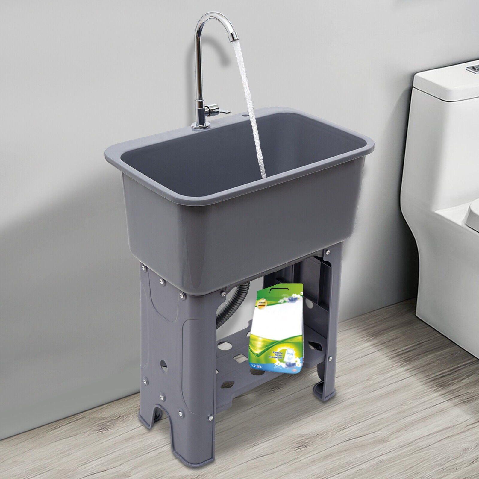TFCFL 1-Compartment Freestanding Utility Sink Laundry Sink w/Faucet Washboard & Drain for Washing Room Basement Garage