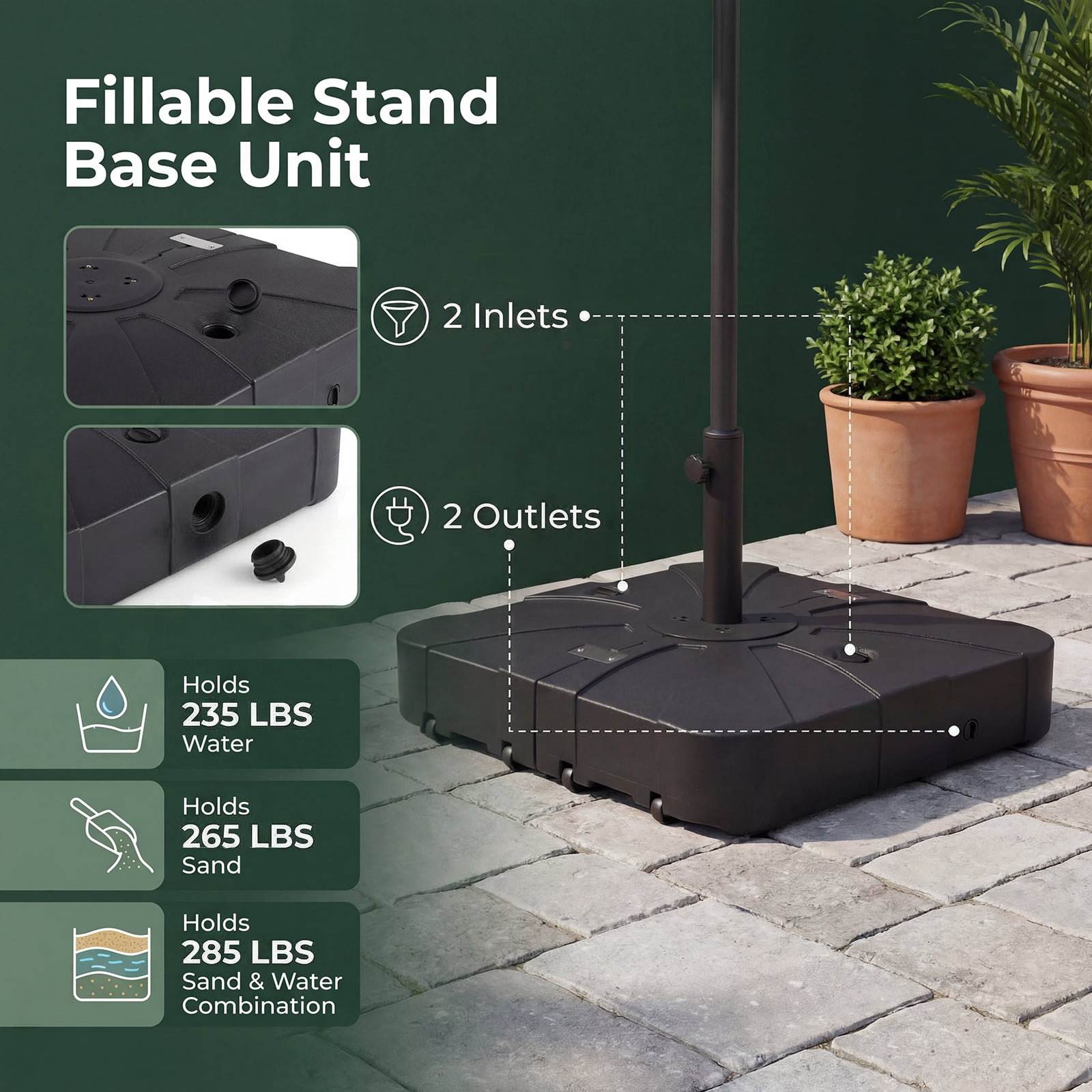 ELLEGNT 285 LBS Cantilever Umbrella Base with Wheels - Heavy-Duty Outdoor Stand for Patio or Garden
