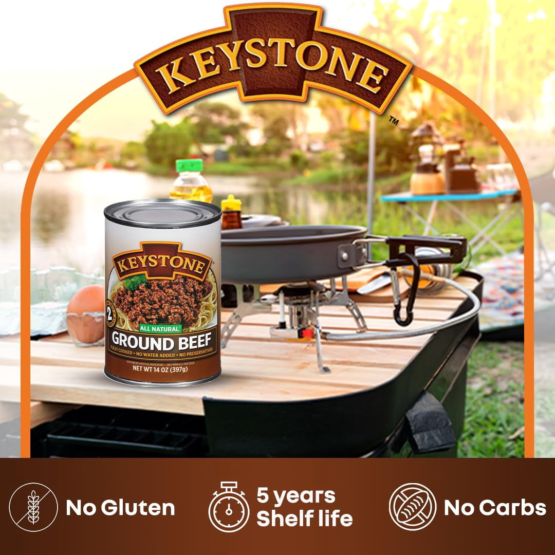 Keystone All Natural Canned Ground Beef, 14 oz (6 Pack)– Fully Cooked, Ready to Eat Canned Meat, Gluten Free Survival Food | Long-Term Emergency Protein for Prepping, Camping & Family Meals