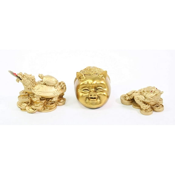 Set of 3 ~ Feng Shui Gold Money Frog (Toad) Dragon Turtle Piggy Lucky Home Decor Gift New
