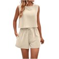 thumbnail image 3 of UVEASISHA Boho Summer Outfits for Women 2 Piece Cotton Linen Sets Sleeveless Cropped Tank Tops and Wide Leg Shorts Set Beige M, 3 of 6
