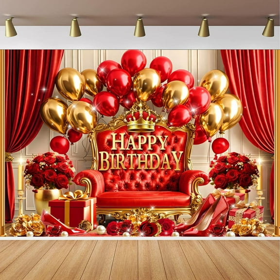 Happy Birthday Queen Backdrop Red and Gold Balloons Birthday Photography Background for Women Girls Elegant Royal Red Rose Heels Birthday Party Decorations Banner Supplies Photo Booth Props