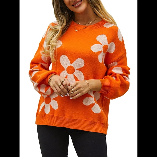 Suéter de Mujer de Otoño, Larga, Cuello Redondo, Jersey de Punto de Gran Tamaño, Tops Casuales con Estampados. Naranja XL