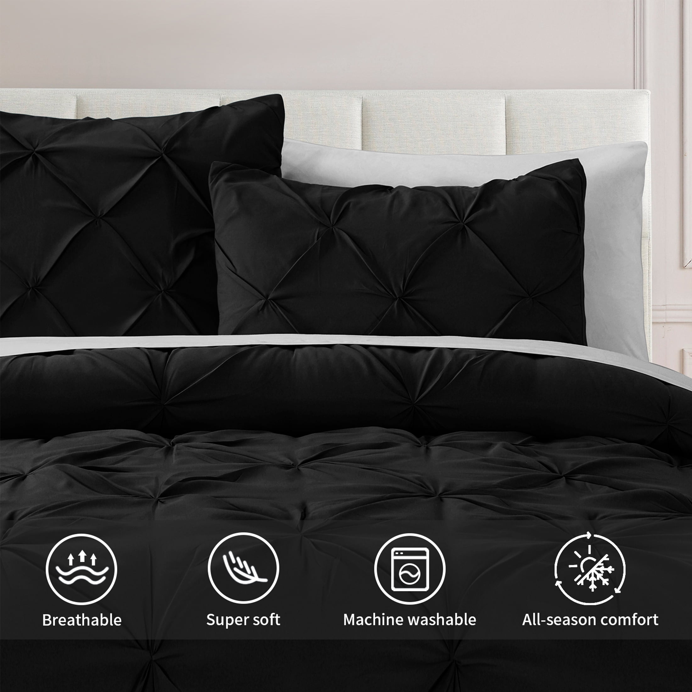 Bourina Comforter Set, 3-Piece, California King, Pleated Wrinkle-Resistant Microfiber Bedding, Black, All-Season