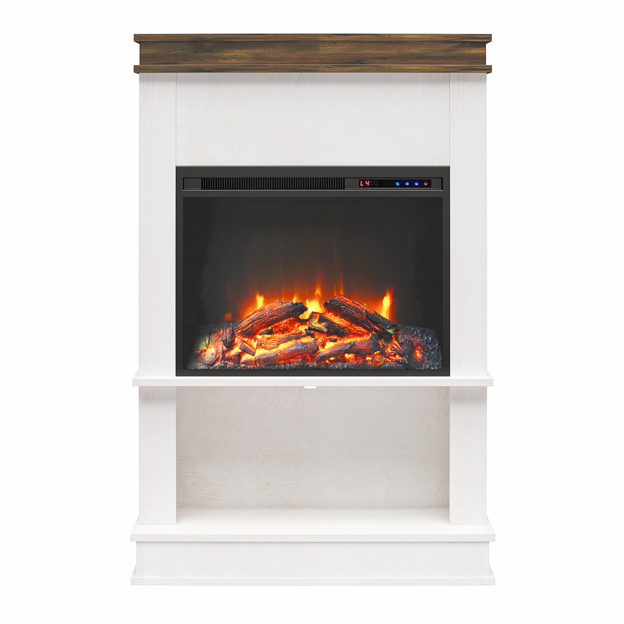 Mateo Electric Fireplace with Mantel and Open Shelf, Ivory Oak with Rustic