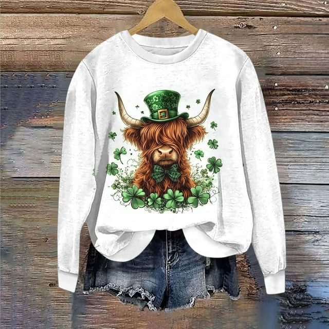 Nuoqisi Mode de la Saint-Patrick Blouse Décontractée à Manches Longues pour Femmes, Col Rond Imprimé, Ample, Sans Capuche, Haut Tendance Confortable pour la Mode Urbaine Quotidienne, Superposition Printemps Été et Week-Ends Détendus
