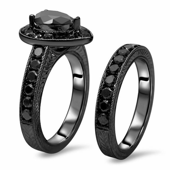 3Ct Pear Cut Lab Created Black Diamond in 14k Black Gold Plated Wedding Ring Set
