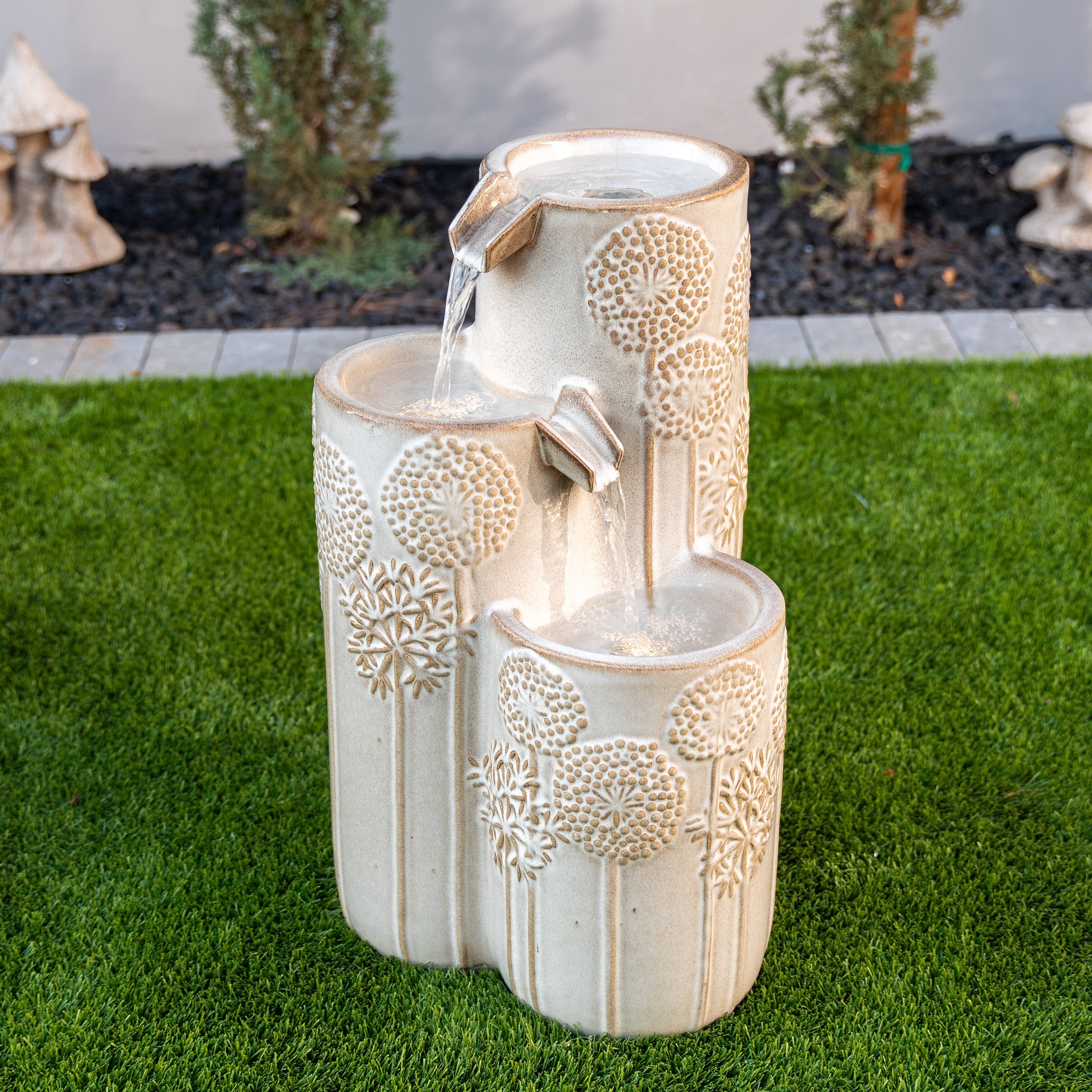 XBrand 25 in H Freestanding Cascadian Outdoor Garden Fountain w/Flower Details & Warm LED Lights, Ceramic, Beige