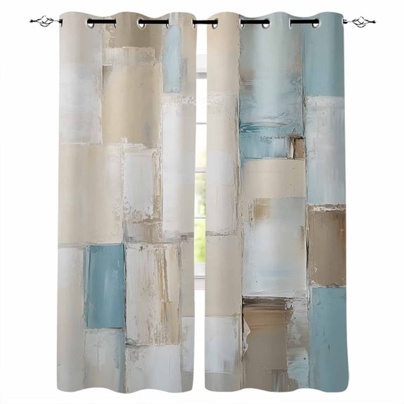 Blue Beige Blackout Curtains 45 Inches Long for Bedroom, Modern Abstract Color Blocks Thermal Insulated Room Darkening Black Out Window Curtain Panels Grommet Drapes for Living Room