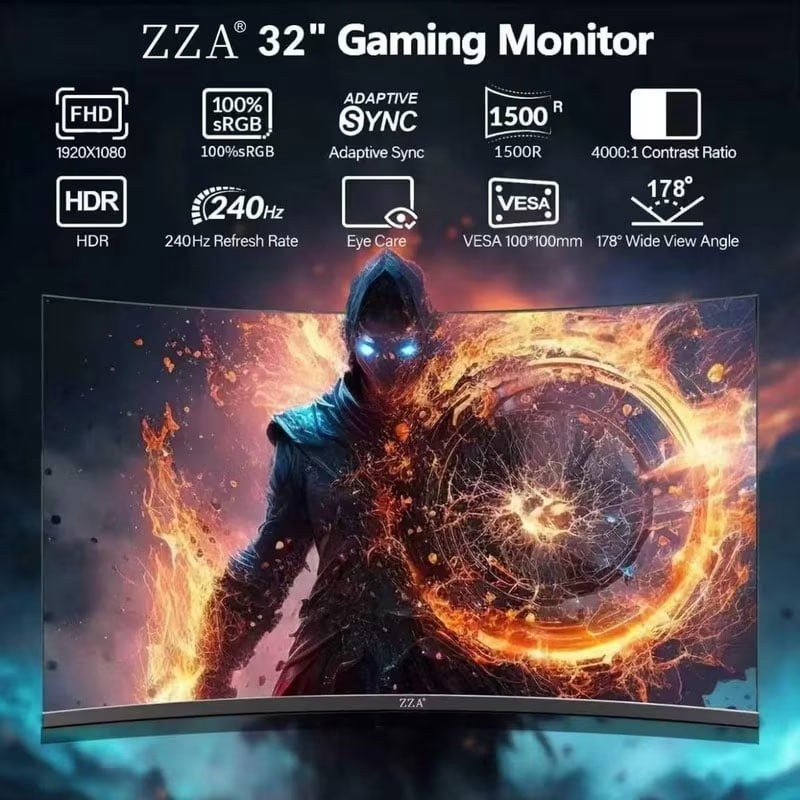 ZZA 32" Curved Gaming Monitor 240Hz FHD 1080p Ultra Slim PC Monitor with HDMI, DP, USB & Headphone Ports – High Refresh Rate Wide Angle Immersive Screen for Desktop Gaming