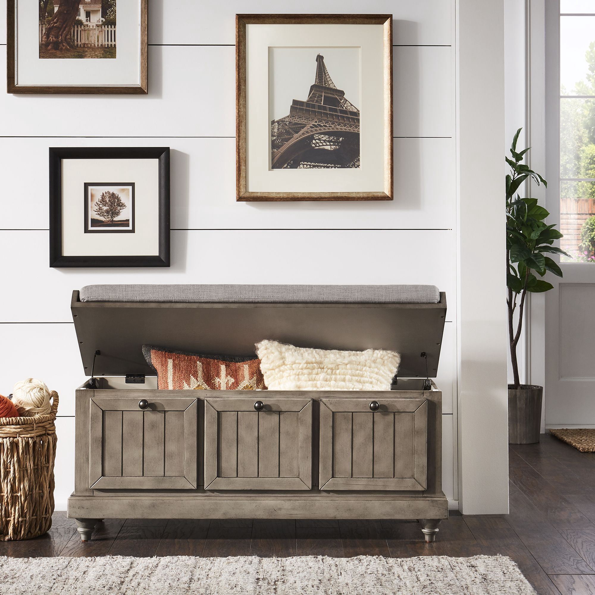 Weston Home Marin Storage Bench with Linen Seat Cushion, Antique Grey Finish