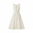 thumbnail image 4 of Gamivast Linen Dress for Women Sleeveless V-Neck Midi Dress A-Line Sun Dress Button Down High Waist Solid Color Elegant Summer Beach Vacation, 4 of 5